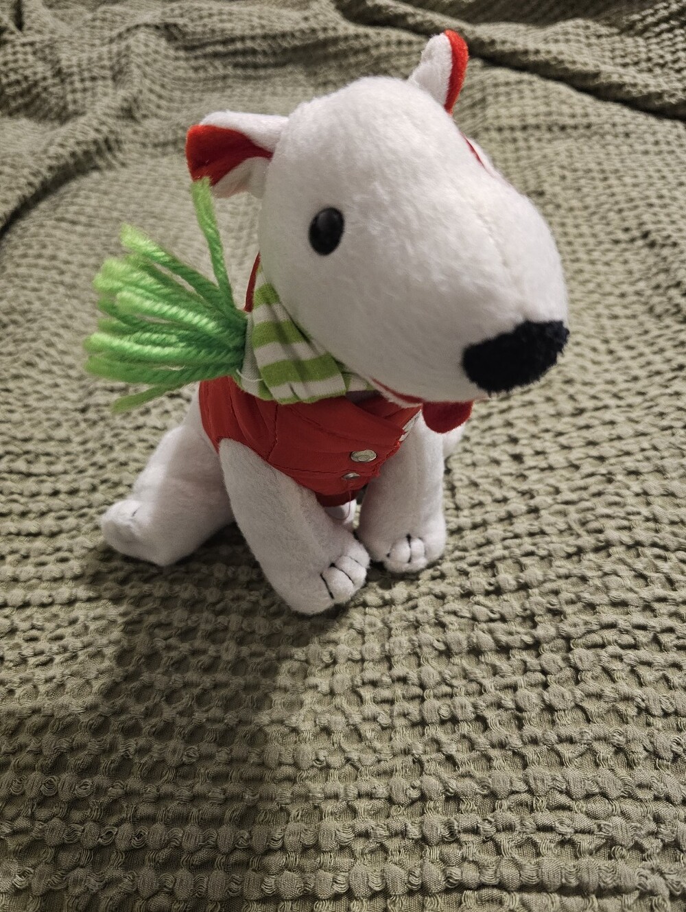 2013 Target Plush White Dog with Red Puffer Jacket and Green Scarf